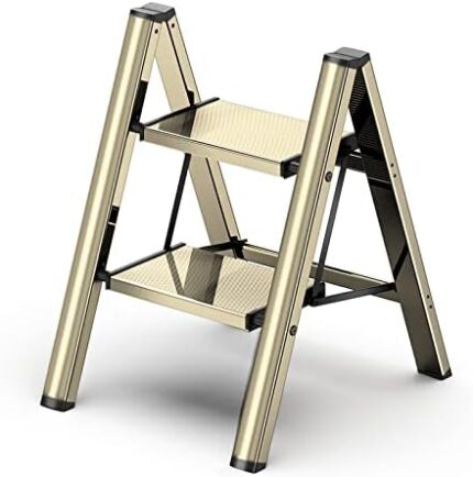 2 Step Ladder Folding Step Stool with Anti-Slip Sturdy and Wide Pedal, Aluminum Portable Lightweight Step Stool for Adults Multi-Use for Home Kitchen, Gold, 330 lbs