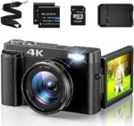 4K Digital Camera for Photography with 3'' 180°Flip Screen, Autofocus 48MP Vlogging Cameras for YouTube Compact Camera with 16X Digital Zoom 32GB SD Card, 2 Batteries and Charging Stand for Travel