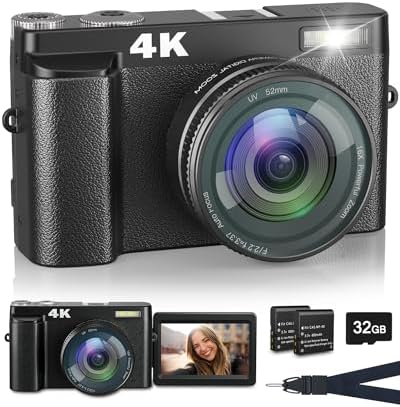 4K Digital Camera with Flash, 48MP Camera for Photography Teens Adults Autofocus Vlogging and YouTube Cameras with Flip Screen, Anti-Shake, 16X Digital Zoom, 32GB Card, Two Batteries, Lanyard