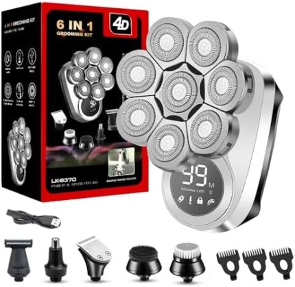 6-in-1 Detachable Head Shavers for Bald Men - Upgraded 8D Electric Shavers for Men, IPX7 Waterproof Wet/Dry Mens Face Anti-Pinch Grooming Kit with LED Display