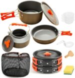 AMOMB Camping Cookware Set, Non-Stick Lightweight Camping Pot and Pan Set with Stainless Steel Kettle Plates Spoon for Backpacking, Hiking, Outdoor Cooking and Picnic