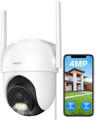 ARENTI 5g WiFi Outdoor Security Camera, 4MP Home Surveillance WiFi Camera, Plug-in，Pan/Tilt, 2.4G/5GHz Dual Bands, Color Night Vision, Sound/light Alarm, AI Human Filtering, Auto Tracking,Two-Way Talk