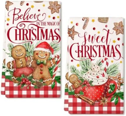 ARKENY Christmas Kitchen Towels Set of 2,Red Buffalo Plaid Gingerbread Man Xmas Dish Towels 18x26 Inch Sweet Believe Sign Drying Dishcloth,Farmhouse Home Noel Decoration AD161