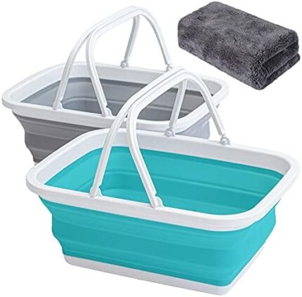 AUTODECO Collapsible Sink 2 Pack with Handle Towel, 2.37 Gal / 9L Foldable Wash Basin for Washing Dishes, Camping, Hiking and Home