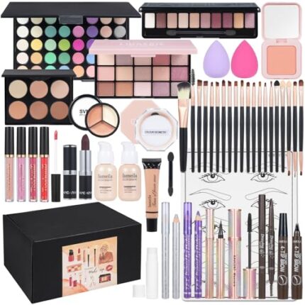 All in One Makeup Kit Makeup Kit for Women Full Kit Multipurpose Makeup ，eyeshadow、 liquid foundation,Loose powder,Eyebrow pencil,4-color lip gloss set