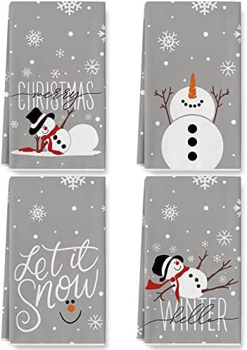 AnyDesign Christmas Snowman Kitchen Towel Gray White Winter Snowflake Dish Towel 18 x 28 Inch Ultra Absorbent Let It Snow Hand Drying Tea Towel for Cooking Baking, 4Pcs