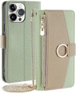 Arseaiy Wallet Case for Oppo A38 4G/Oppo A18 4G Flip Phone Case Cover with Crossbody Strap Magnetic Zipper Pocket Makeup Mirror PU Leather Shockproof with Kickstand Shell Green