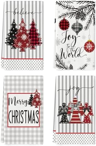 Artoid Mode Red Black Xmas Trees Cross Ball Stripes Believe Merry Christmas Kitchen Towels Dish Towels, 18x26 Inch Winter Decoration Hand Towels Set of 4