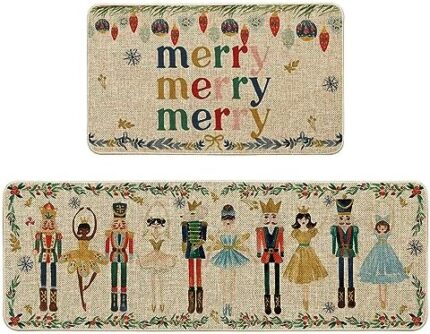 Artoid Mode Watercolor Nutcrackers Merry Christmas Decorative Kitchen Mats Set of 2, Home Party Low-Profile Kitchen Rugs - 17x29 and 17x47 Inch