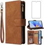 Asuwish Compatible with Oppo A17 Wallet Case and Tempered Glass Screen Protector Leather Flip Cover Card Holder Stand Cell Accessories Rugged TPU Kickstand Protective Phone Cases for A 17 Women Brown