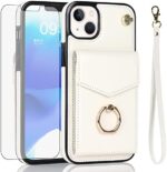 Asuwish Compatible with iPhone 15 Plus 6.7 inch Wallet Case Screen Protector and RFID Blocking Ring Card Holder Cell Phone Cover for i-Phone 15+ iPhone15Plus 5G i i15 + iPhone15 15Plus Women Off White