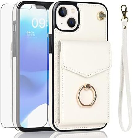 Asuwish Compatible with iPhone 15 Plus 6.7 inch Wallet Case Screen Protector and RFID Blocking Ring Card Holder Cell Phone Cover for i-Phone 15+ iPhone15Plus 5G i i15 + iPhone15 15Plus Women Off White
