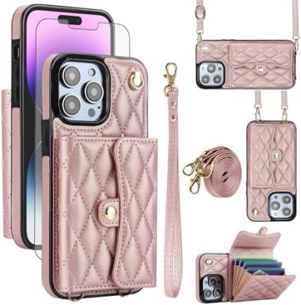 Asuwish Compatible with iPhone 15 Pro Max 6.7 inch Wallet Case with Stand RFID Card Holder Strap Lanyard Cell Phone Cover for iPhone15promax 5G i Phone15Max Plus iPhone15 ProMax Women Girls Rose Gold
