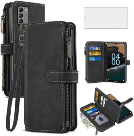 Asuwish Phone Case for Nokia G400 5G Wallet Cover and Tempered Glass Screen Protector Leather Flip Credit Card Holder Stand Lanyard Wrist Strap Rugged Cell Accessories G 400 400G 2022 Women Men Black