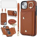 Asuwish Phone Case for iPhone 15 6.1 inch Wallet Cover with Screen Protector Ring Stand Credit Card Holder Slot Crossbody Strap Lanyard Leather Cell iPhone15 5G i i-Phone i15 15Case Women Girl Brown