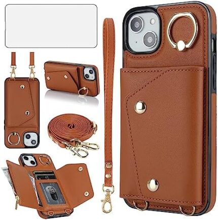 Asuwish Phone Case for iPhone 15 6.1 inch Wallet Cover with Screen Protector Ring Stand Credit Card Holder Slot Crossbody Strap Lanyard Leather Cell iPhone15 5G i i-Phone i15 15Case Women Girl Brown