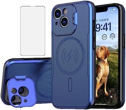 Asuwish Phone Case for iPhone 15 6.1 inch with Magsafe Tempered Glass Screen Protector and Stand Slim Cell Cover Hard Hybrid Mobile Accessories Rugged iPhone15 5G i i-Phone i15 15Case Women Men Blue