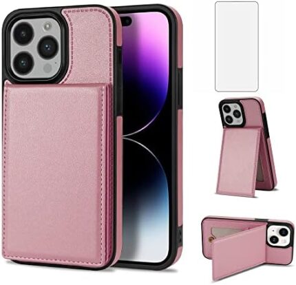 Asuwish Phone Case for iPhone 15 Pro 6.1 inch Wallet Cover with Screen Protector and RFID Slim Credit Card Holder Stand Cell Accessories iPhone15Pro 5G i i-Phone i15 iPhone15 15Pro Women Men Rose gold