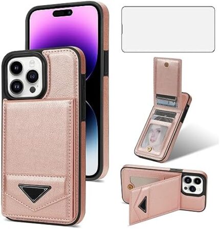 Asuwish Phone Case for iPhone 15 Pro Max 6.7 inch Wallet Cover with Screen Protector RFID Slim Credit Card Holder Slot Stand Cell iPhone15promax 5G i Phone15Max Plus iPhone15 ProMax Women Rose Gold