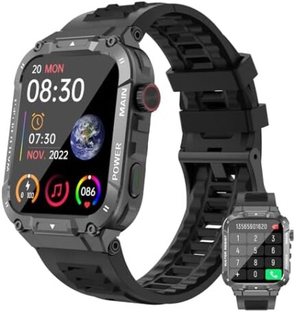 Azgqswr Smart Watch for Men(Answer/Dial Calls), 5ATM Waterproof, 1.96''HD Rugged Tactical Fitness Watch for Android iOS iPhones with 100+Sport Modes,Heart Rate,Sleep Monitor(Black)