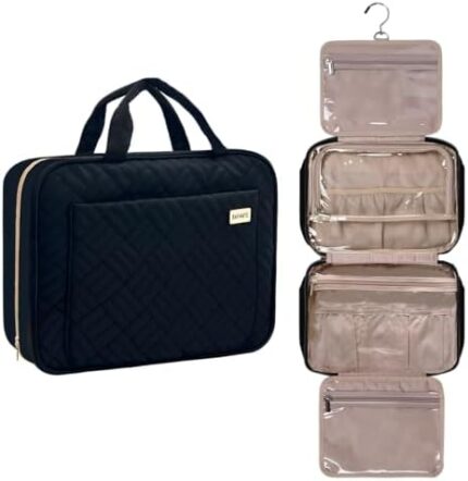 BAFAMYE Travel Toiletry Bag For Women,Large Makeup Cosmetic Bags,Hanging Toiletry Bag for Bathroom,With Hanging Hook for Travel Accessories for Travel Business Trips and Camping,Black