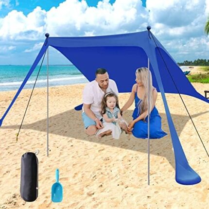 Beach Canopy Tent Family Beach Sun Shelter UV50+, 6.6x6.6 FT Beach Shelter Sun Shade Tent Canopy with Blanket for Beach Vacation Camping Picnic Outdoor, 2 Aluminum Poles, Royal Blue