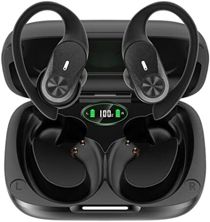 Bluetooth Headphones Wireless Earbuds 48Hrs Playtime HiFi Stereo Ear Buds IP68 Waterproof Sports Earphones with Over-Ear Earhook Wireless Charging Case Headset LED Power Display for Workout Black