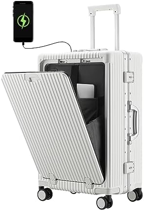 CAARANY Versatile Aluminum Frame Carry-On Luggage with USB Charging Port, Front Compartment, TSA Lock, Airline Approved Carry On Hardside Suitcase with Spinner Wheels(White, 20-lnch)