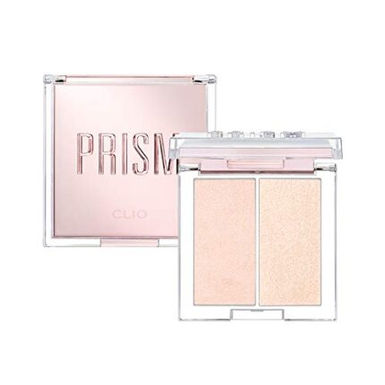 CLIO Prism Highlighter Duo, Duo Shade Highlight Palette, Face Illuminator, Buildable Pearl and Shimmer Pressed Powder for a Natural Glow, Long-Lasting, Convenient, On-The-Go Makeup Kit (01 CREAM FIZZ)