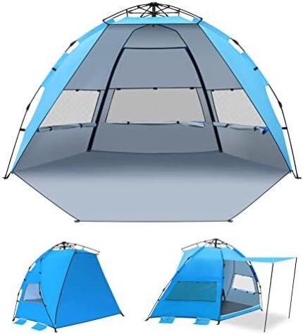 Campasist Beach Tent with Awning, Pop Up Beach Tent Sun Shelter for 4 Persons with UPF 50+ UV Protection & Removable Awning, Beach Shade Tent with 3 Mesh Windows, Sandbags, Stakes & Carry Bag - Blue