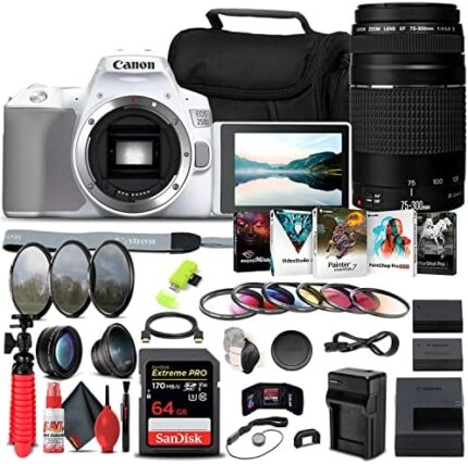 Canon EOS 250D / Rebel SL3 DSLR Camera (Body Only) + (White) Canon EF 75-300mm f/4-5.6 III Lens (6473A003) + 64GB Memory Card + Color Filter Kit + Filter Kit + LPE17 Battery + More (Renewed)