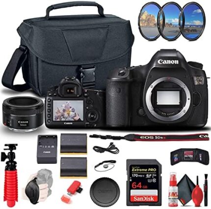 Canon EOS 5DS DSLR Camera (Body Only) (0581C002) + Canon EF 50mm Lens + 64GB Card + Case + Filter Kit + Corel Photo Software + LPE6 Battery + Card Reader + Flex Tripod + Hand Strap + More (Renewed)