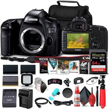 Canon EOS 5DS R DSLR Camera (Body Only) (0582C002) + 64GB Memory Card + 2 x LPE6 Battery + Charger + Card Reader + LED Light + Corel Photo Software + Case + Flex Tripod + HDMI Cable + More (Renewed)