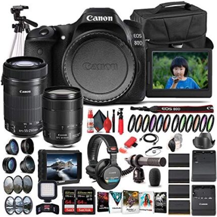 Canon EOS 80D DSLR Camera with 18-135mm Lens (1263C006) + EF-S 55-250mm Lens + 4K Monitor + Headphones + Mic + 2 x 64GB Cards + Case + Corel Photo Software + Pro Tripod + More (Renewed)