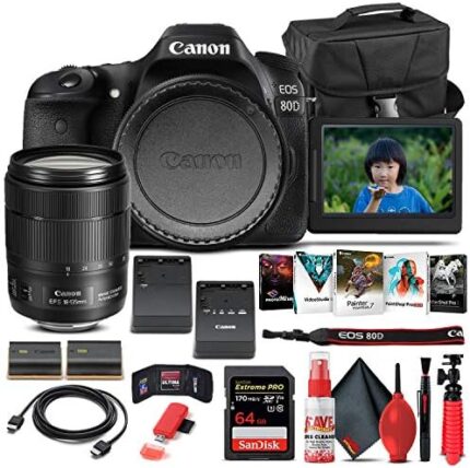 Canon EOS 80D DSLR Camera with 18-135mm Lens (1263C006), 64GB Memory Card, Case, Corel Photo Software, LPE6 Battery, Charger, Card Reader, HDMI Cable, Deluxe Cleaning Set + More (Renewed)