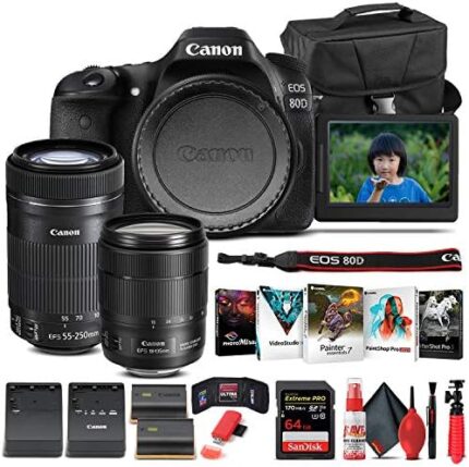 Canon EOS 80D DSLR Camera with 18-135mm Lens (1263C006), EF-S 55-250mm Lens, 64GB Memory Card, Case, Corel Photo Software, LPE6 Battery, External Charger, Card Reader + More (Renewed)