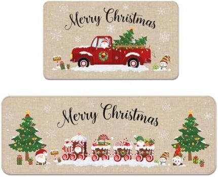 Capoda 2 pcs Christmas Kitchen Rugs and Mats Set Non Slip Christmas Train Truck Rugs and Mats for Home Indoor Outdoor Living Room Bedroom Xmas Winter Holiday Decorations 17 x 47 Inch and 17 x 29 Inch