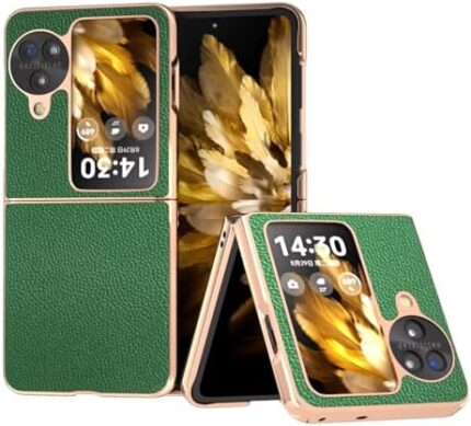 Compatible with Oppo Find N3 Flip Luxury Genuine Leather Shockproof Electroplated Case Hard Full-Body Anti-Drop Protective Phone Case Cover Compatible with Find N3 Flip (Color : Green)