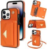 Compatible with iPhone 15 Pro Max 6.7 inch Wallet Case Crossbody Credit Card Holder Strap Lanyard Kickstand Flip Leather Cell Accessories iPhone15promax 5G i Phone15Max Plus iPhone15 ProMax Orange