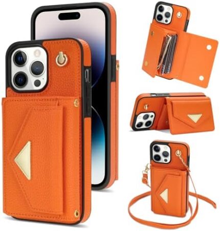 Compatible with iPhone 15 Pro Max 6.7 inch Wallet Case Crossbody Credit Card Holder Strap Lanyard Kickstand Flip Leather Cell Accessories iPhone15promax 5G i Phone15Max Plus iPhone15 ProMax Orange