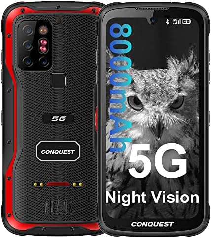 Conquest S20 Unlocked Rugged Smartphone, Android 11 Rugged Cell Phone, with PTT Walkie Talkie Button, 8000mAh Battery 6.3'' FHD+, 20MP Night Vision Camera IP68/IP69K, NFC(8+256GB, Red)
