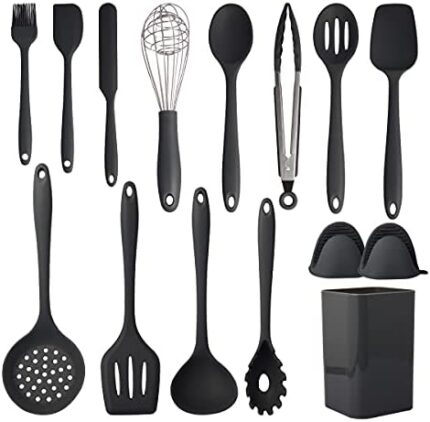 Cooking Utensils Set,Silicone Kitchen Utensil Set 15PCS,Non-Stick Silicone Kitchen Utensils,Heat Resistant 446°F Kitchen Tool Set,kitchen essentials for new home(Non Toxic) Black