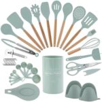 Country Kitchen Cooking Utensils Set - 38 pcs Non-stick Silicone Spatula Set with Holder, Wooden Handles and Heat Resistant Gadgets Utensil