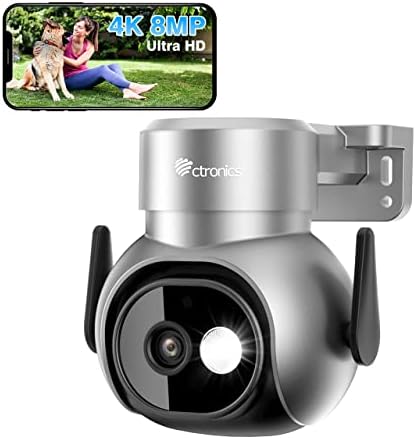 Ctronics 4K 8MP PTZ Outdoor Camera with Spotlight, 2,4/5GHz WiFi Security Camera Wired Camera Home Security with People/Pets/Vehicle Detection Auto Tracking 30m Color Night Vision IP66 Waterproof