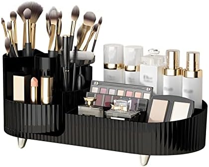 DASITON Large Capacity Makeup Brush Holder,360° Rotating Makeup Organizer,9 Slot Makeup Brushes Cup,for Vanity Decor,Bathroom Countertops,Desk Storage Container,Cosmetic Display cases(Black-L)