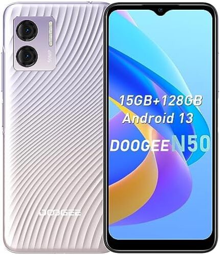 DOOGEE N50 Cell Phones Android 13 Unlocked Phone, 50MP+8MP Camera, 6.52" Incell HD Screen, Octa Core 15GB RAM+128G ROM Smartphone Uncloked, Face ID, 18W PD Charge, 4200mAh Battery, Dual 4G SIM Phone