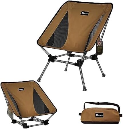 DRAXDOG Camping Chair, 2 Way Compact Backpacking Chair, Portable Folding Chair, Beach Chair with Side Pocket, Lightweight Hiking Chair Low Back Chair 002 (Coffee)