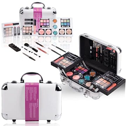 DUER LIKA All in One Makeup Kit Gift Set for Adults Girls Teens -Full Cosmetic Train Case with Makeup for Beginners Includes Eye Shadow Palette Blush Lip Gloss Lipstick Lip Pencil Eye Pencil Brush Mirror (WHITE)