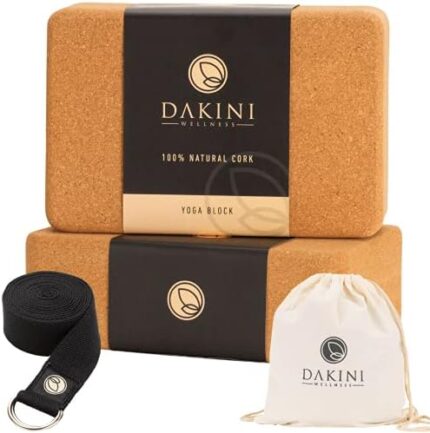 Dakini Wellness Cork Yoga Blocks 2 Pack | 9x6x3 Eco-Friendly, Natural Yoga Kit Includes Yoga Bag, Cork Yoga Block & Yoga Strap Set for Stretching, Workout and Pilates