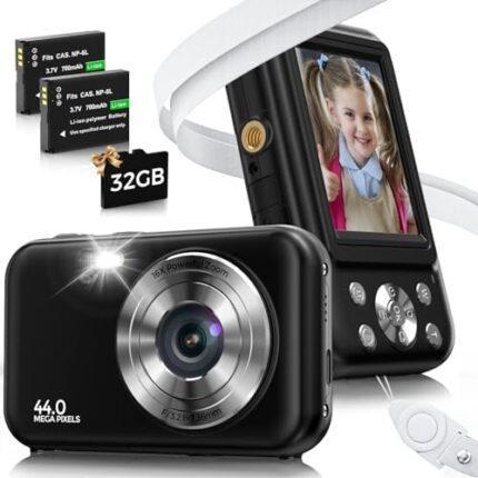 Digital Camera, FHD 1080P 44MP Kids Camera for Photography with 32GB Card, 16X Zoom Point and Shoot Digital Camera with Fill Light, Anti-Shake Compact Small Camera for Teens Boys Girls (Black)